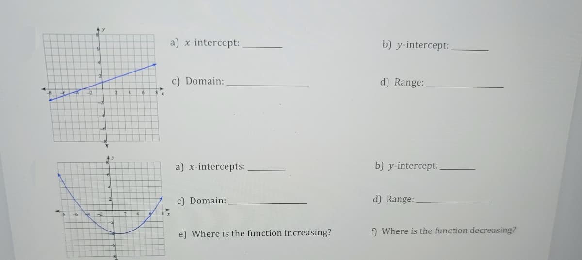 B
(3
x
a) x-intercept:
c) Domain:
a) x-intercepts:
c) Domain:
e) Where is the function increasing?
b) y-intercept:
d) Range:
b) y-intercept:
d) Range:
f) Where is the function decreasing?