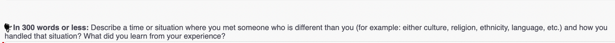 In 300 words or less: Describe a time or situation where you met someone who is different than you (for example: either culture, religion, ethnicity, language, etc.) and how you
handled that situation? What did you learn from your experience?