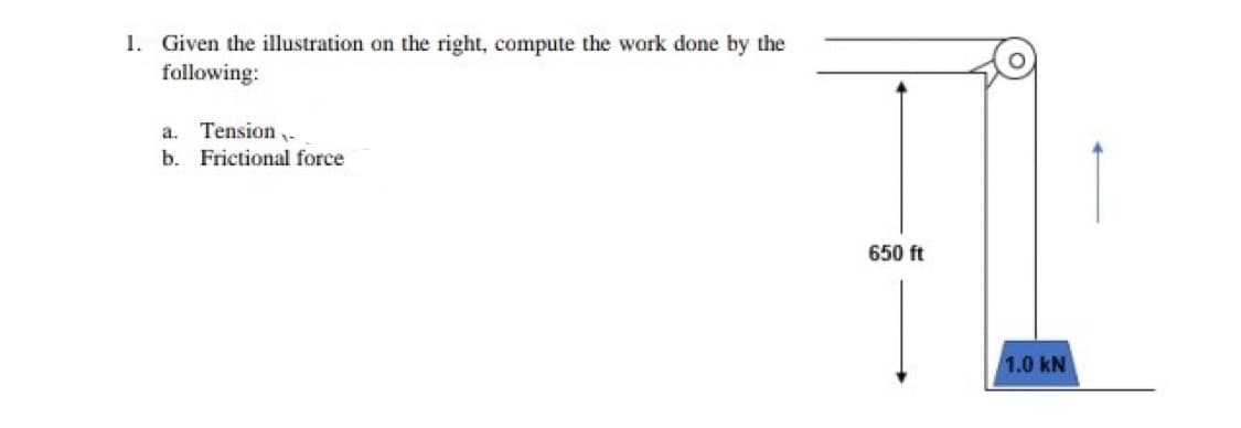 1. Given the illustration on the right, compute the work done by the
following:
a. Tension
b. Frictional force
650 ft
1.0 kN
