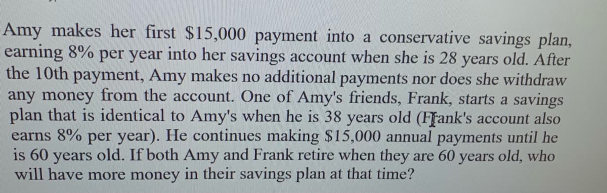 Amy makes her first $15,000 payment into a conservative savings plan,
earning 8% per year into her savings account when she is 28 years old. After
the 10th payment, Amy makes no additional payments nor does she withdraw
any money from the account. One of Amy's friends, Frank, starts a savings
plan that is identical to Amy's when he is 38 years old (Frank's account also
earns 8% per year). He continues making $15,000 annual payments until he
is 60 years old. If both Amy and Frank retire when they are 60 years old, who
will have more money in their savings plan at that time?
