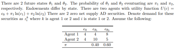 There are 2 future states 01 and 02. The probability of 0₁ and 02 eventuating are #1 and #2,
respectively. Endowments differ by state. There are two agents with utility function U(c) =
co + 1 ln(c1) + 2 In(c2) There are 2 zero net supply AD securities. Denote demand for these
securities as where k is agent 1 or 2 and i is state 1 or 2. Assume the following:
eo
€82
Agent 1
4
4
8
Agent 2 4
10
5
П
0.40
0.60