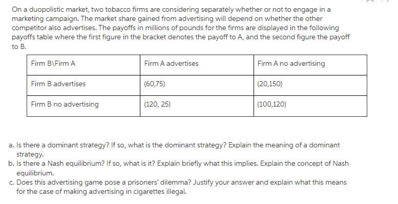 On a duopolistic market, two tobacco firms are considering separately whether or not to engage in a
marketing campaign. The market share gained from advertising will depend on whether the other
competitor also advertises. The payoffs in millions of pounds for the firms are displayed in the following
payoffs table where the first figure in the bracket denotes the payoff to A, and the second figure the payoff
to B.
Firm B\Firm A
Firm A advertises
Firm A no advertising
Firm B advertises
(60,75)
(20,150)
Firm B no advertising
(120, 25)
(100,120)
a. Is there a dominant strategy? If so, what is the dominant strategy? Explain the meaning of a dominant
strategy.
b. Is there a Nash equilibrium? If so, what is it? Explain briefly what this implies. Explain the concept of Nash
equilibrium.
c. Does this advertising game pose a prisoners' dilemma? Justify your answer and explain what this means
for the case of making advertising in cigarettes illegal.
