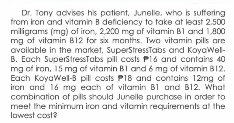 Dr. Tony advises his patient, Junelle, who is suffering
from iron and vitamin B deficiency to take at least 2,500
milligrams (mg) of iron, 2,200 mg of vitamin B1 and 1,800
mg of vitamin B12 for six months. Two vitamin pills are
available in the market, SuperStressTabs and KoyaWell-
B. Each SuperStressTabs pill costs P16 and contains 40
mg of iron, 15 mg of vitamin B1 and 6 mg of vitamin B12.
Each KoyaWell-B pill costs P18 and contains 12mg of
iron and 16 mg each of vitamin B1 and B12. What
combination of pills should Junelle purchase in order to
meet the minimum iron and vitamin requirements at the
lowest cost?
