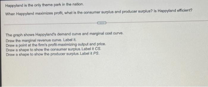 Happyland is the only theme park in the nation.
When Happyland maximizes profit, what is the consumer surplus and producer surplus? Is Happyland efficient?
The graph shows Happyland's demand curve and marginal cost curve.
Draw the marginal revenue curve. Label it.
Draw a point at the firm's profit-maximizing output and price.
Draw a shape to show the consumer surplus. Label it CS.
Draw a shape to show the producer surplus. Label it PS.
