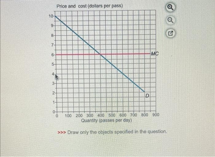 Price and cost (dollars per pass)
10-
9.
8-
7-
6-
MC
5-
3-
2-
1-
0-
100 200 300 400 500 600 700 800 900
Quantity (passes per day)
>>> Draw only the objects specified in the question.
