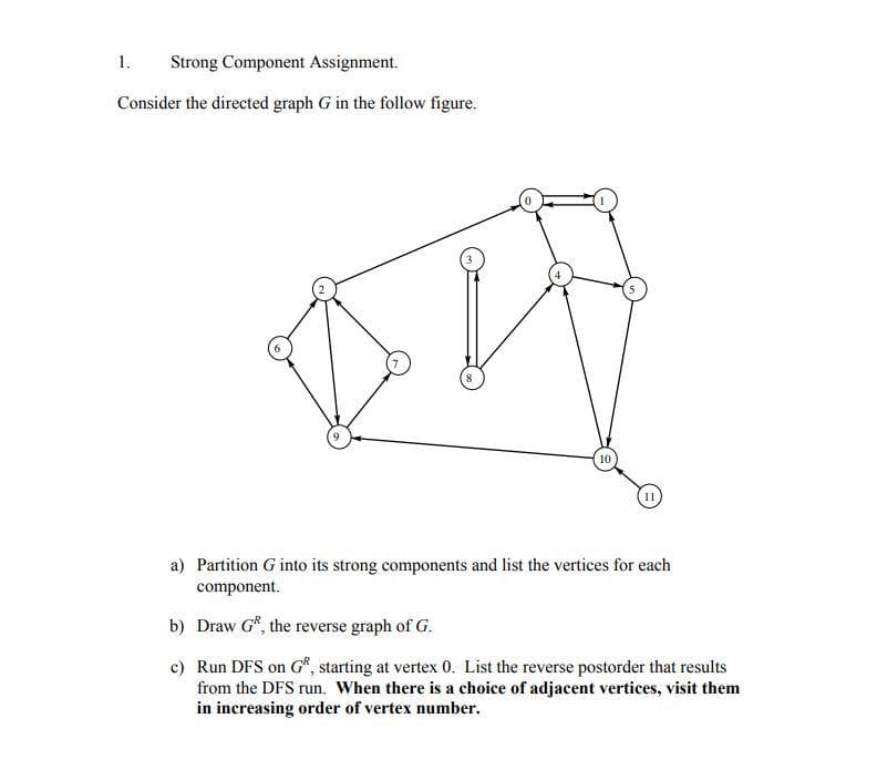 1. Strong Component Assignment.
Consider the directed graph G in the follow figure.
8
10
11
a) Partition G into its strong components and list the vertices for each
component.
b) Draw G, the reverse graph of G.
c)
Run DFS on GR, starting at vertex 0. List the reverse postorder that results
from the DFS run. When there is a choice of adjacent vertices, visit them
in increasing order of vertex number.