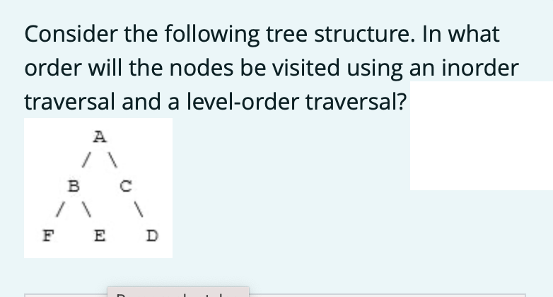 Consider the following tree structure. In what
order will the nodes be visited using an inorder
traversal and a level-order traversal?
A
B
FE
D
