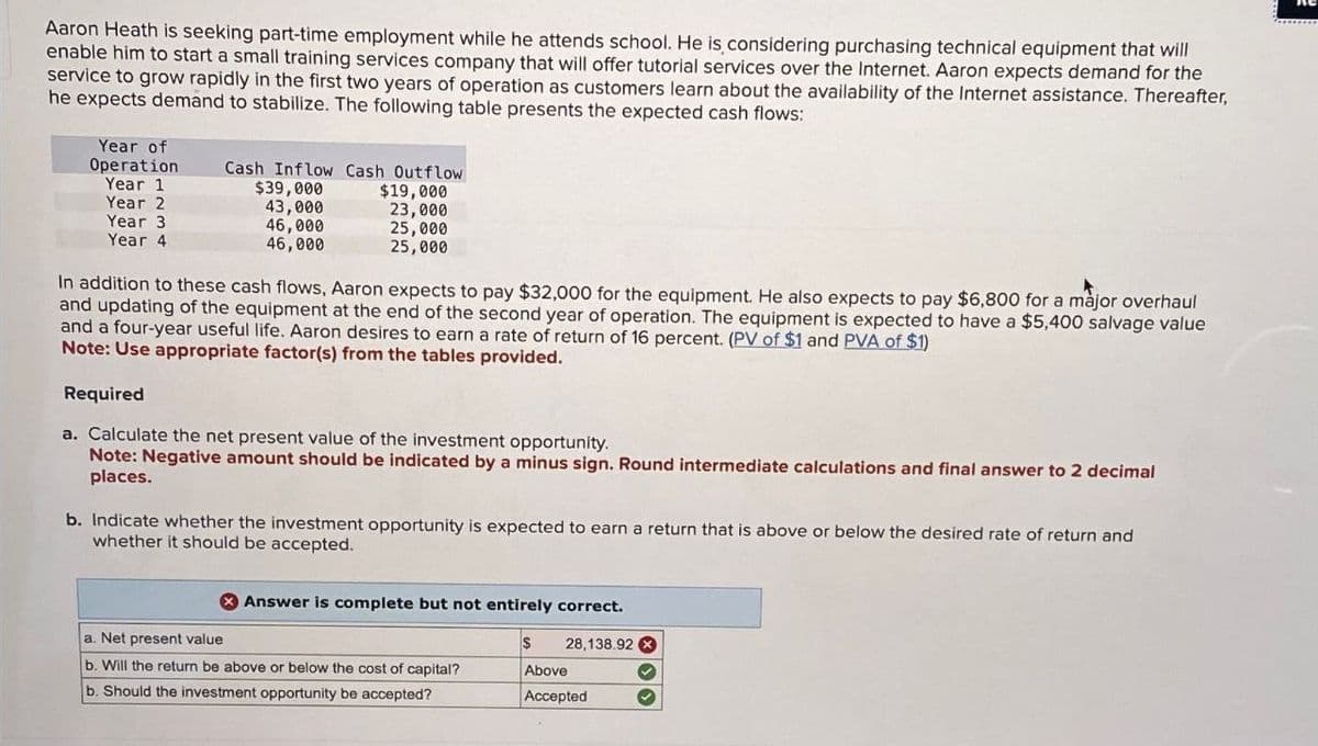 Aaron Heath is seeking part-time employment while he attends school. He is considering purchasing technical equipment that will
enable him to start a small training services company that will offer tutorial services over the Internet. Aaron expects demand for the
service to grow rapidly in the first two years of operation as customers learn about the availability of the Internet assistance. Thereafter,
he expects demand to stabilize. The following table presents the expected cash flows:
Year of
Operation
Cash Inflow Cash Outflow
Year 1
Year 2
Year 3
Year 4
$39,000
43,000
46,000
46,000
$19,000
23,000
25,000
25,000
In addition to these cash flows, Aaron expects to pay $32,000 for the equipment. He also expects to pay $6,800 for a major overhaul
and updating of the equipment at the end of the second year of operation. The equipment is expected to have a $5,400 salvage value
and a four-year useful life. Aaron desires to earn a rate of return of 16 percent. (PV of $1 and PVA of $1)
Note: Use appropriate factor(s) from the tables provided.
Required
a. Calculate the net present value of the investment opportunity.
Note: Negative amount should be indicated by a minus sign. Round intermediate calculations and final answer to 2 decimal
places.
b. Indicate whether the investment opportunity is expected to earn a return that is above or below the desired rate of return and
whether it should be accepted.
Answer is complete but not entirely correct.
a. Net present value
$
28,138.92
b. Will the return be above or below the cost of capital?
b. Should the investment opportunity be accepted?
Above
Accepted