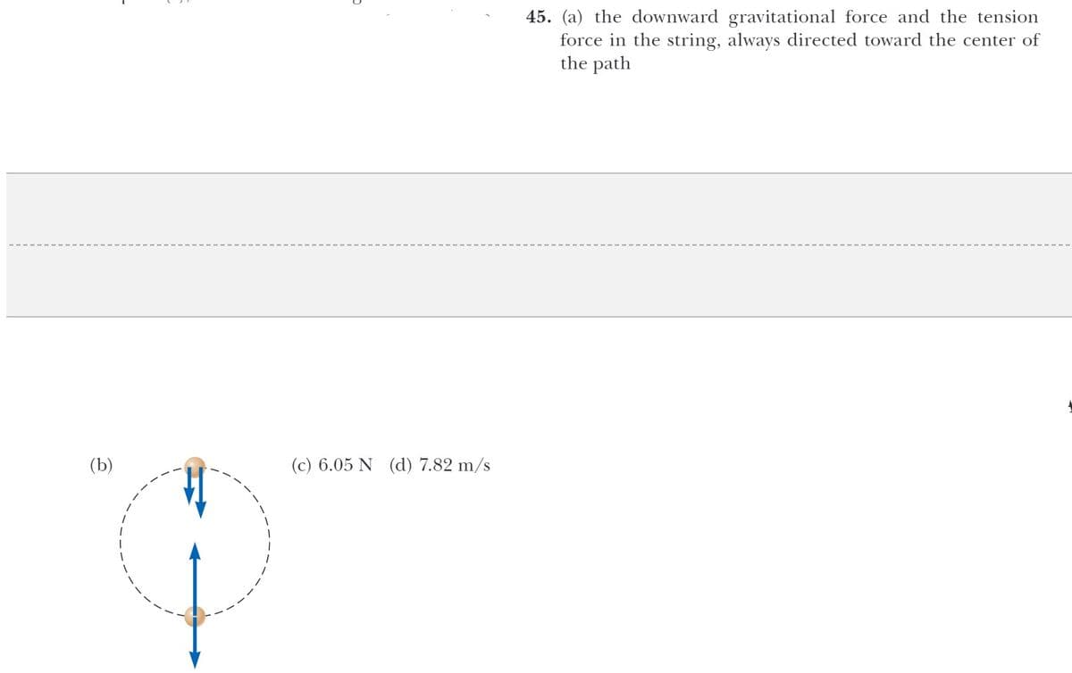 45. (a) the downward gravitational force and the tension
force in the string, always directed toward the center of
the path
(b)
(c) 6.05 N (d) 7.82 m/s
