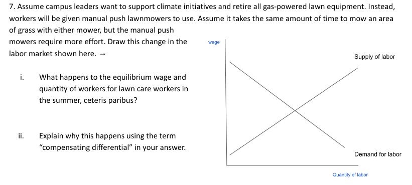 7. Assume campus leaders want to support climate initiatives and retire all gas-powered lawn equipment. Instead,
workers will be given manual push lawnmowers to use. Assume it takes the same amount of time to mow an area
of grass with either mower, but the manual push
mowers require more effort. Draw this change in the
labor market shown here. →
i.
What happens to the equilibrium wage and
quantity of workers for lawn care workers in
the summer, ceteris paribus?
wage
Supply of labor
ii.
Explain why this happens using the term
"compensating differential" in your answer.
Demand for labor
Quantity of labor