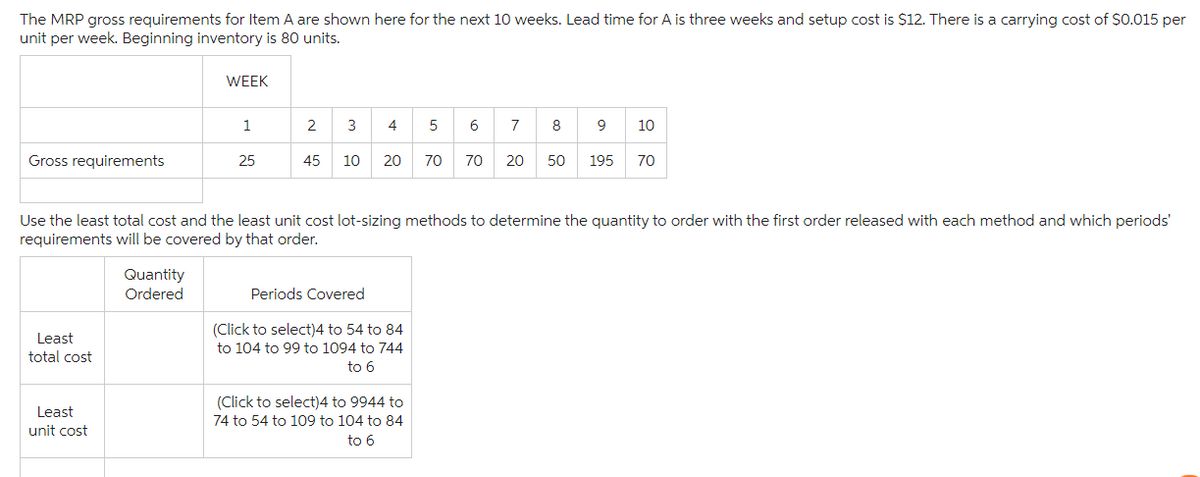 The MRP gross requirements for Item A are shown here for the next 10 weeks. Lead time for A is three weeks and setup cost is $12. There is a carrying cost of $0.015 per
unit per week. Beginning inventory is 80 units.
Gross requirements
WEEK
1
2345678910
25
45
10
20 70 70 20 50
195
70
Use the least total cost and the least unit cost lot-sizing methods to determine the quantity to order with the first order released with each method and which periods'
requirements will be covered by that order.
Quantity
Ordered
Periods Covered
(Click to select)4 to 54 to 84
Least
total cost
Least
unit cost
to 104 to 99 to 1094 to 744
to 6
(Click to select)4 to 9944 to
74 to 54 to 109 to 104 to 84
to 6