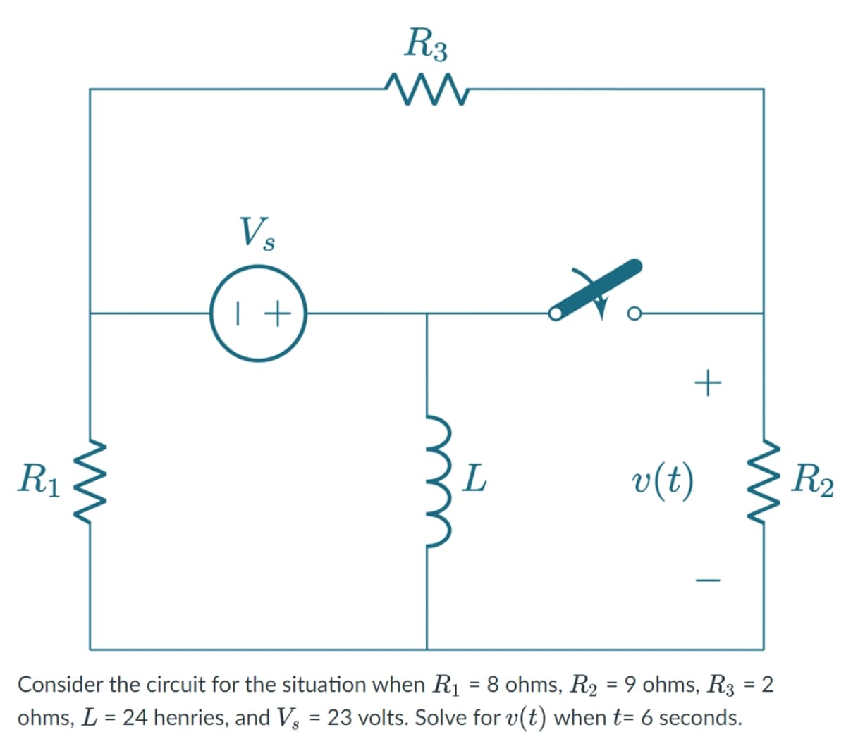 R3
ww
Vs
| +
ww
R1
+
L
v(t)
R2
Consider the circuit for the situation when R₁ = 8 ohms, R2 = 9 ohms, R3 = 2
ohms, L = 24 henries, and V₂ = 23 volts. Solve for v(t) when t= 6 seconds.