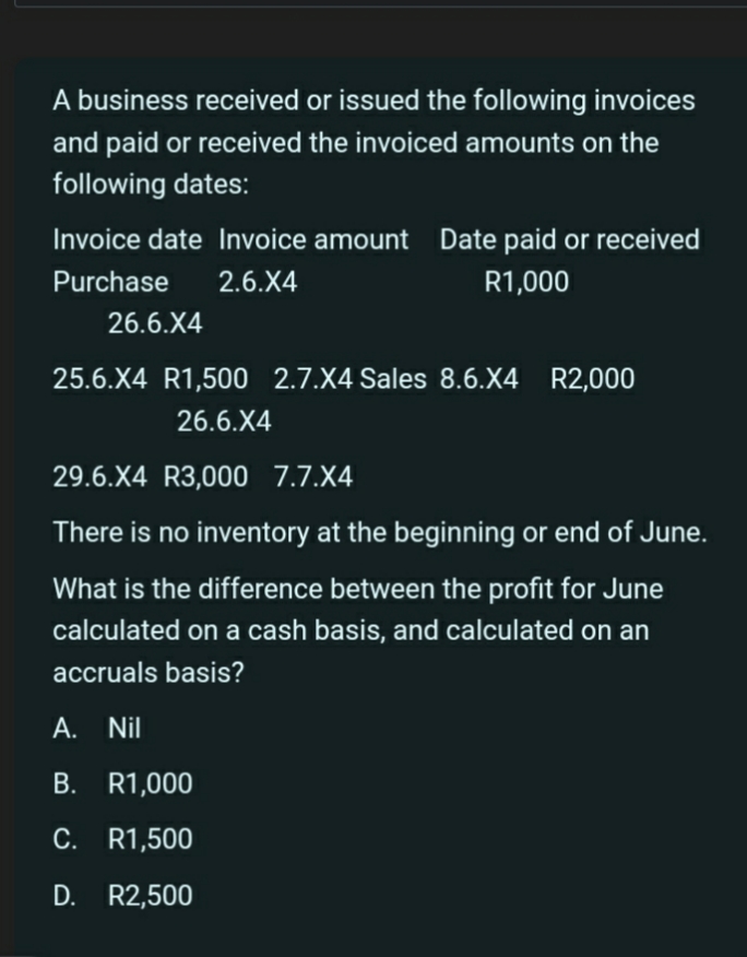 A business received or issued the following invoices
and paid or received the invoiced amounts on the
following dates:
Invoice date Invoice amount Date paid or received
Purchase 2.6.X4
R1,000
26.6.X4
25.6.X4 R1,500 2.7.X4 Sales 8.6.X4 R2,000
26.6.X4
29.6.X4 R3,000 7.7.X4
There is no inventory at the beginning or end of June.
What is the difference between the profit for June
calculated on a cash basis, and calculated on an
accruals basis?
A. Nil
B. R1,000
C. R1,500
D. R2,500