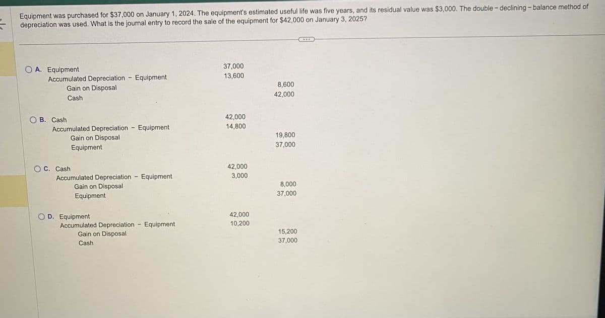 Equipment was purchased for $37,000 on January 1, 2024. The equipment's estimated useful life was five years, and its residual value was $3,000. The double-declining - balance method of
depreciation was used. What is the journal entry to record the sale of the equipment for $42,000 on January 3, 2025?
OA. Equipment
37,000
Accumulated Depreciation Equipment
13,600
Gain on Disposal
8,600
Cash
42,000
OB. Cash
42,000
Accumulated Depreciation Equipment
14,800
Gain on Disposal
19,800
Equipment
37,000
O C. Cash
42,000
Accumulated Depreciation Equipment
3,000
Gain on Disposal
Equipment
8,000
37,000
OD. Equipment
42,000
Accumulated Depreciation
Equipment
10,200
Gain on Disposal
15,200
Cash
37,000