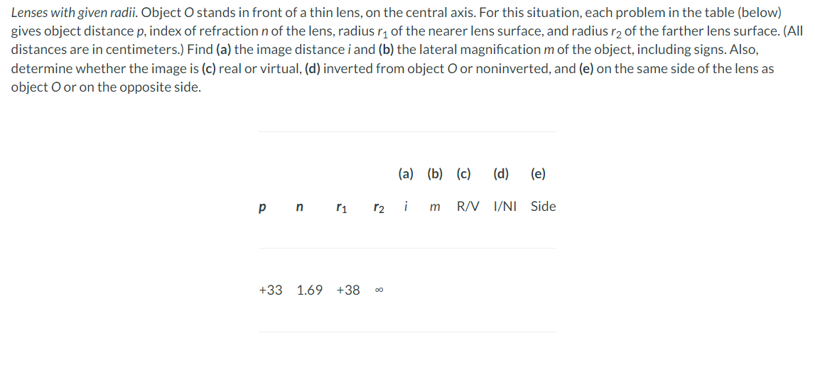 Lenses with given radii. Object O stands in front of a thin lens, on the central axis. For this situation, each problem in the table (below)
gives object distance p, index of refraction n of the lens, radius r₁ of the nearer lens surface, and radius r₂ of the farther lens surface. (All
distances are in centimeters.) Find (a) the image distance i and (b) the lateral magnification m of the object, including signs. Also,
determine whether the image is (c) real or virtual, (d) inverted from object O or noninverted, and (e) on the same side of the lens as
object O or on the opposite side.
(a) (b) (c) (d) (e)
p n r1 r2 i
m R/V I/NI Side
+33 1.69 +38
8