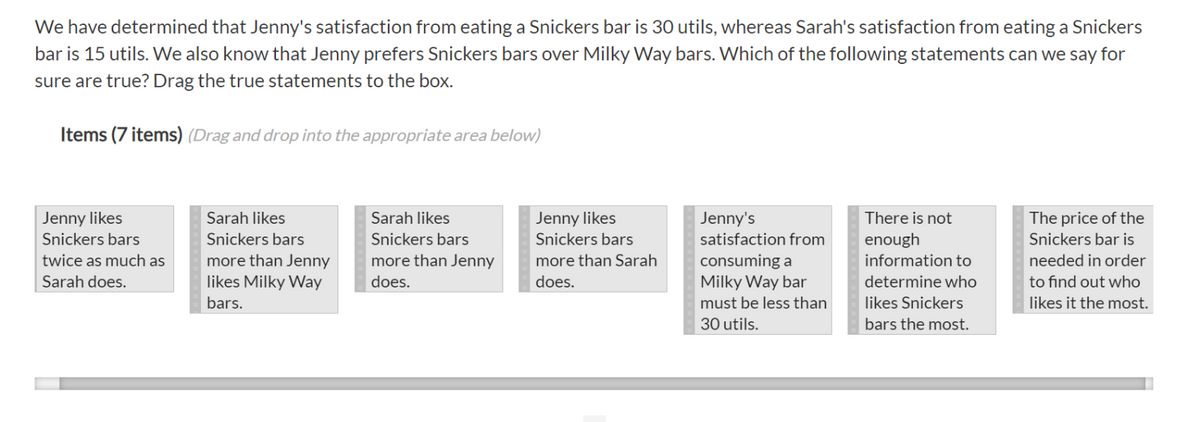 We have determined that Jenny's satisfaction from eating a Snickers bar is 30 utils, whereas Sarah's satisfaction from eating a Snickers
bar is 15 utils. We also know that Jenny prefers Snickers bars over Milky Way bars. Which of the following statements can we say for
sure are true? Drag the true statements to the box.
Items (7 items) (Drag and drop into the appropriate area below)
Jenny likes
Snickers bars
twice as much as
Sarah does.
Sarah likes
Snickers bars
more than Jenny
likes Milky Way
bars.
Sarah likes
Snickers bars
more than Jenny
does.
Jenny likes
Snickers bars
more than Sarah
does.
Jenny's
satisfaction from
consuming a
Milky Way bar
must be less than
30 utils.
There is not
enough
information to
determine who
likes Snickers
bars the most.
The price of the
Snickers bar is
needed in order
to find out who
likes it the most.