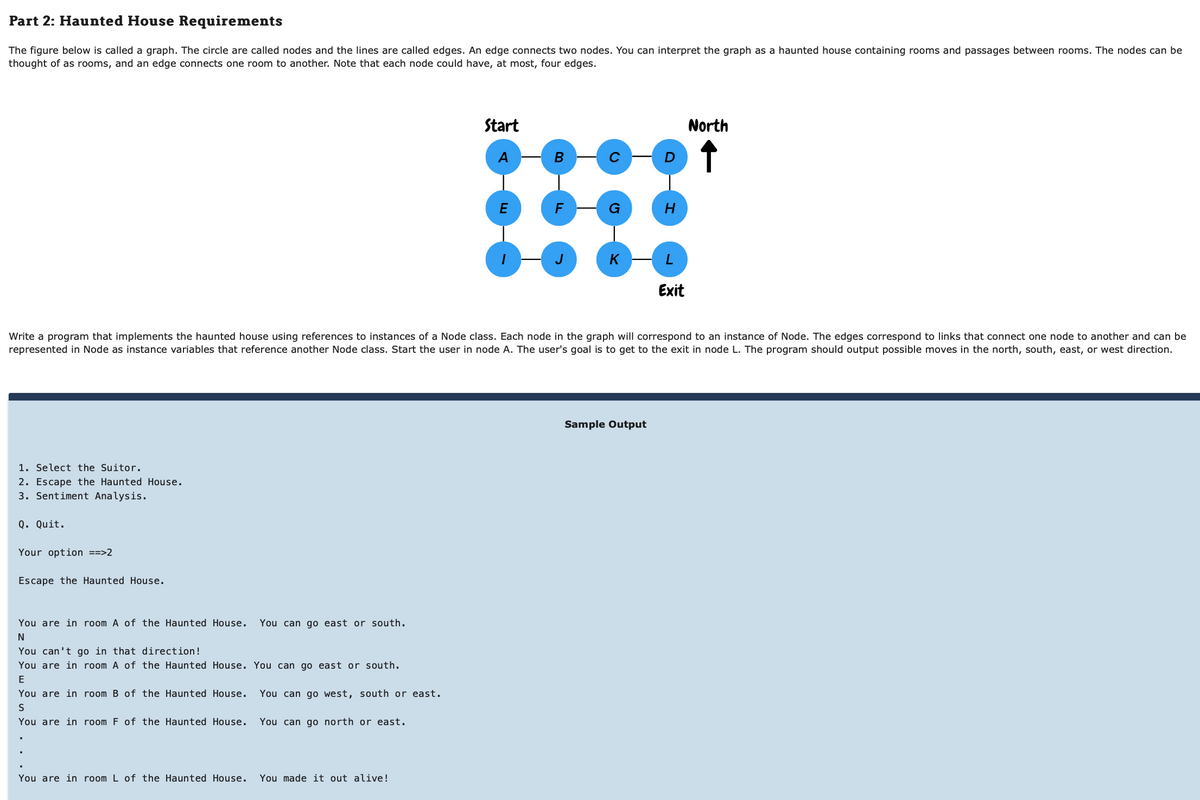 Part 2: Haunted House Requirements
The figure below is called a graph. The circle are called nodes and the lines are called edges. An edge connects two nodes. You can interpret the graph as a haunted house containing rooms and passages between rooms. The nodes can be
thought of as rooms, and an edge connects one room to another. Note that each node could have, at most, four edges.
Start
B
E
F
K
H
Exit
North
↑
Write a program that implements the haunted house using references to instances of a Node class. Each node in the graph will correspond to an instance of Node. The edges correspond to links that connect one node to another and can be
represented in Node as instance variables that reference another Node class. Start the user in node A. The user's goal is to get to the exit in node L. The program should output possible moves in the north, south, east, or west direction.
1. Select the Suitor.
2. Escape the Haunted House.
3. Sentiment Analysis.
Q. Quit.
Your option ==>2
Escape the Haunted House.
You are in room A of the Haunted House.
N
You can't go in that direction!
You can go east or south.
You are in room A of the Haunted House. You can go east or south.
E
You are in room B of the Haunted House.
You can go west, south or east.
S
You are in room F of the Haunted House.
You can go north or east.
You are in room L of the Haunted House. You made it out alive!
Sample Output