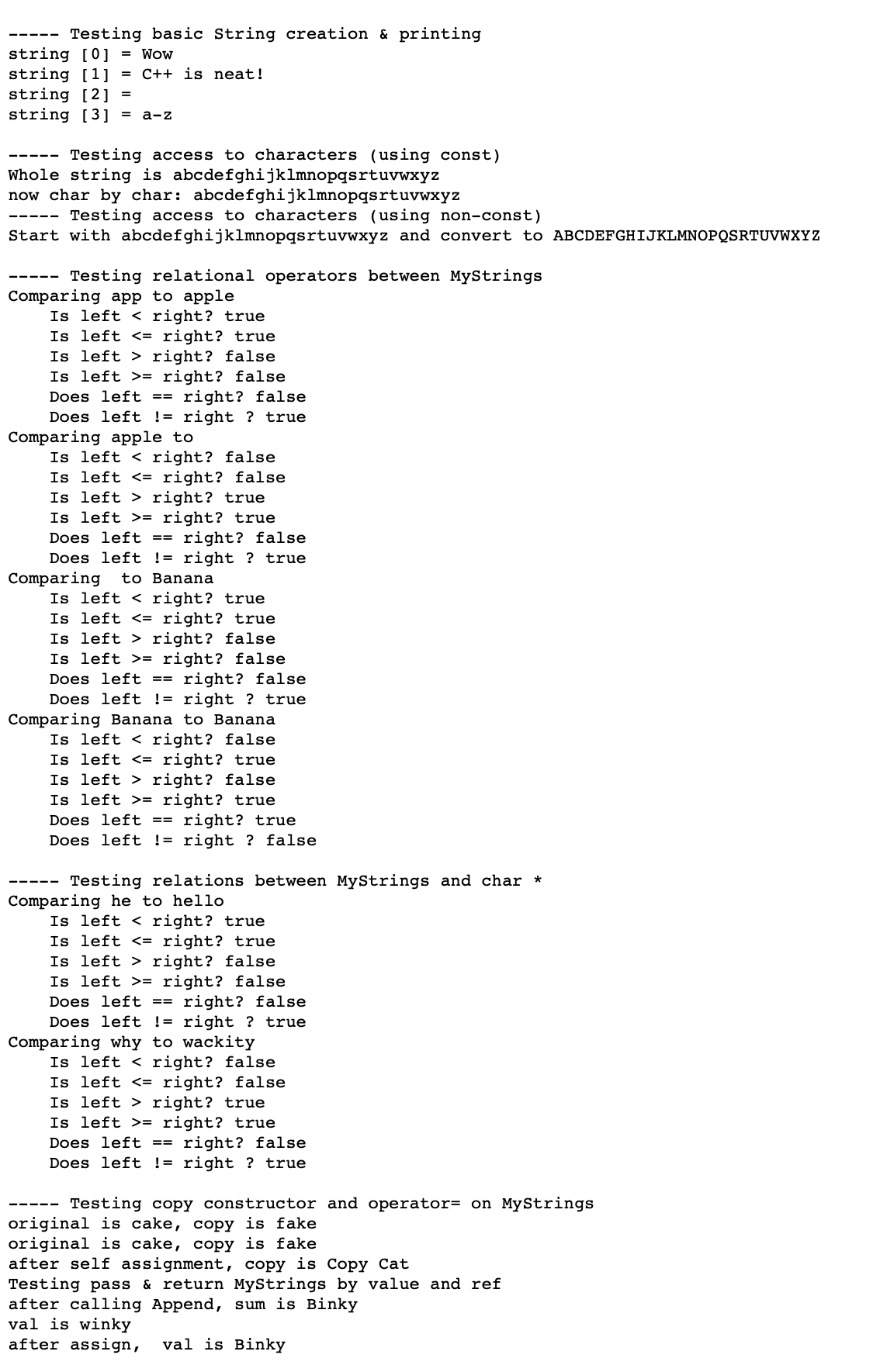 Testing basic String creation & printing
string [0] = Wow
= C++ is neat!
string [1]
string [2] =
string [3] = a-z
---- Testing access to characters (using const)
Whole string is abcdefghijklmnopqsrtuvwxyz
now char by char: abcdefghijklmnopqsrtuvwxyz
Testing access to characters (using non-const)
Start with abcdefghijklmnopqsrtuvwxyz and convert to ABCDEFGHIJKLMNOPQSRTUVWXYZ
Testing relational operators between MyStrings
Comparing app to apple
Is left right? true
Is left <= right? true
Is left right? false
Is left >= right? false
Does left == right? false
Does left != right ? true
Comparing apple to
Is left right? false
Is left <= right? false
Is left right? true
Is left >= right? true
Does left == right? false
Does left != right ? true
Comparing to Banana
Is left right? true
Is left <= right? true
Is left right? false
Is left >= right? false
Does left == right? false
Does left != right ? true
Comparing Banana to Banana
Is left right? false
Is left <= right? true
Is left > right? false
Is left right? true
Does left == right? true
Does left != right ? false
Testing relations between MyStrings and char *
Comparing he to hello
Is left right? true
Is left <= right? true
Is left right? false
Is left >= right? false
Does left == right? false
Does left != right ? true
Comparing why to wackity
Is left right? false
Is left <= right? false
Is left > right? true
Is left >= right? true
Does left == right? false
Does left != right ? true
Testing copy constructor and operator= on MyStrings
original is cake, copy is fake
original is cake, copy is fake
after self assignment, copy is Copy Cat
Testing pass & return MyStrings by value and ref
after calling Append, sum is Binky
val is winky
after assign, val is Binky