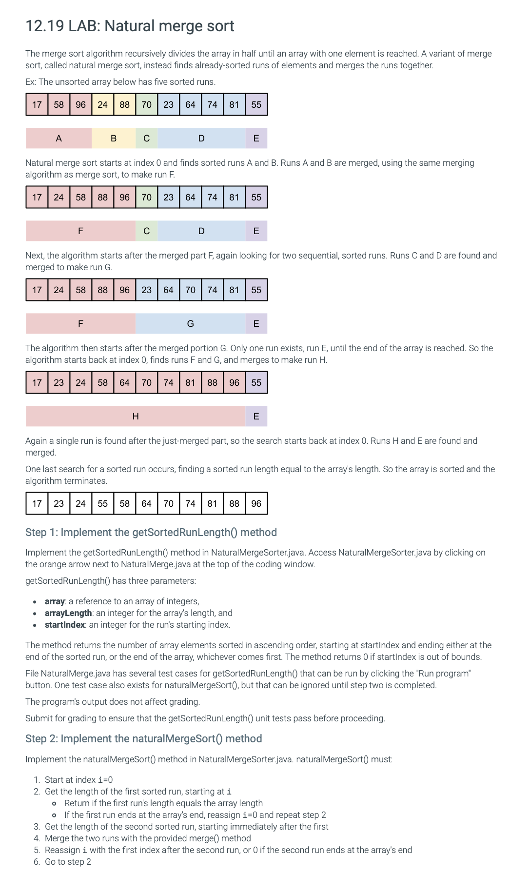 12.19 LAB: Natural merge sort
The merge sort algorithm recursively divides the array in half until an array with one element is reached. A variant of merge
sort, called natural merge sort, instead finds already-sorted runs of elements and merges the runs together.
Ex: The unsorted array below has five sorted runs.
17
58 96 24 88 70 23 64 74
81
55
A
B
C
D
E
Natural merge sort starts at index 0 and finds sorted runs A and B. Runs A and B are merged, using the same merging
algorithm as merge sort, to make run F.
17 24 58
88 96 70 23
64 74 81
55
F
с
D
E
Next, the algorithm starts after the merged part F, again looking for two sequential, sorted runs. Runs C and D are found and
merged to make run G.
17 24 58 88
96 23 64
70 74 81 55
F
E
The algorithm then starts after the merged portion G. Only one run exists, run E, until the end of the array is reached. So the
algorithm starts back at index 0, finds runs F and G, and merges to make run H.
17 23 24 58
64 70 74 81 88
96
55
H
E
Again a single run is found after the just-merged part, so the search starts back at index 0. Runs H and E are found and
merged.
One last search for a sorted run occurs, finding a sorted run length equal to the array's length. So the array is sorted and the
algorithm terminates.
17 23 24 55 58 64 70 74 81 88 96
Step 1: Implement the getSorted RunLength() method
Implement the getSorted RunLength() method in Natural MergeSorter.java. Access Natural MergeSorter.java by clicking on
the orange arrow next to Natural Merge.java at the top of the coding window.
getSortedRunLength() has three parameters:
•
array: a reference to an array of integers,
⚫ arrayLength: an integer for the array's length, and
startIndex: an integer for the run's starting index.
The method returns the number of array elements sorted in ascending order, starting at startIndex and ending either at the
end of the sorted run, or the end of the array, whichever comes first. The method returns 0 if startIndex is out of bounds.
File NaturalMerge.java has several test cases for getSorted RunLength() that can be run by clicking the "Run program"
button. One test case also exists for natural MergeSort(), but that can be ignored until step two is completed.
The program's output does not affect grading.
Submit for grading to ensure that the getSorted RunLength() unit tests pass before proceeding.
Step 2: Implement the natural MergeSort() method
Implement the natural MergeSort() method in Natural MergeSorter.java. naturalMergeSort() must:
1. Start at index i=0
2. Get the length of the first sorted run, starting at i
• Return if the first run's length equals the array length
• If the first run ends at the array's end, reassign i=0 and repeat step 2
3. Get the length of the second sorted run, starting immediately after the first
4. Merge the two runs with the provided merge() method
5. Reassign i with the first index after the second run, or 0 if the second run ends at the array's end
6. Go to step 2