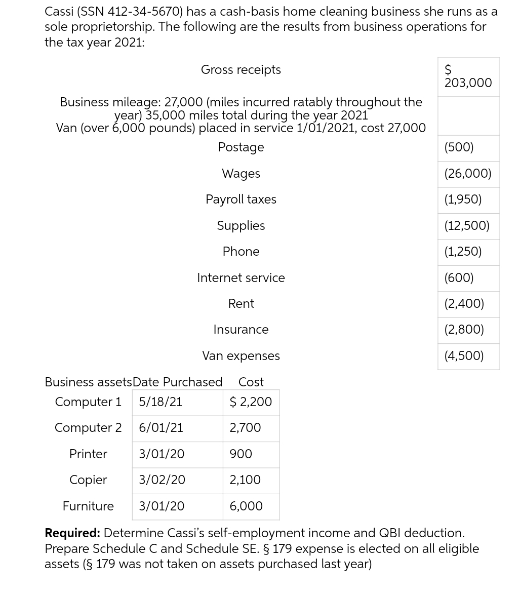 Cassi (SSN 412-34-5670) has a cash-basis home cleaning business she runs as a
sole proprietorship. The following are the results from business operations for
the tax year 2021:
Gross receipts
203,000
Business mileage: 27,000 (miles incurred ratably throughout the
year) 35,000 miles total during the year 2021
Van (over 6,000 pounds) placed in serviče 1/01/2021, cost 27,000
Postage
(500)
Wages
(26,000)
Payroll taxes
(1,950)
Supplies
(12,500)
Phone
(1,250)
Internet service
(600)
Rent
(2,400)
Insurance
(2,800)
Van expenses
(4,500)
Business assetsDate Purchased
Cost
Computer 1
5/18/21
$ 2,200
Computer 2
6/01/21
2,700
Printer
3/01/20
900
Copier
3/02/20
2,100
Furniture
3/01/20
6,000
Required: Determine Cassi's self-employment income and QBI deduction.
Prepare Schedule C and Schedule SE. § 179 expense is elected on all eligible
assets (§ 179 was not taken on assets purchased last year)
