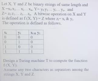 Let X. Y and Z be binary strings of same length and
X-Xo X1.. X Xa. Y- yo y. y... Ya- and
Z- zo Z1... Z..z A bitwise operation on X and Y
is defined as f (X. Y)-Z where z- x, & y.
The operation is defined as follows.
Design a Turing machine T to compute the function
f(X. Y).
Assume any two characters as separators among the
strings X. Y and Z.
