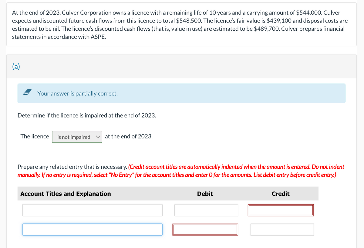 At the end of 2023, Culver Corporation owns a licence with a remaining life of 10 years and a carrying amount of $544,000. Culver
expects undiscounted future cash flows from this licence to total $548,500. The licence's fair value is $439,100 and disposal costs are
estimated to be nil. The licence's discounted cash flows (that is, value in use) are estimated to be $489,700. Culver prepares financial
statements in accordance with ASPE.
(a)
Your answer is partially correct.
Determine if the licence is impaired at the end of 2023.
The licence is not impaired at the end of 2023.
Prepare any related entry that is necessary. (Credit account titles are automatically indented when the amount is entered. Do not indent
manually. If no entry is required, select "No Entry" for the account titles and enter O for the amounts. List debit entry before credit entry.)
Account Titles and Explanation
Debit
Credit