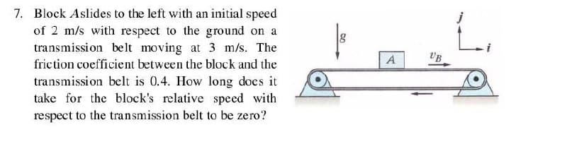 7. Block Aslides to the left with an initial speed
of 2 m/s with respect to the ground on a
transmission belt moving at 3 m/s. The
friction coefficient between the block and the
A
VB
transmission belt is 0.4. How long does it
take for the block's relative specd with
respect to the transmission belt to be zero?
