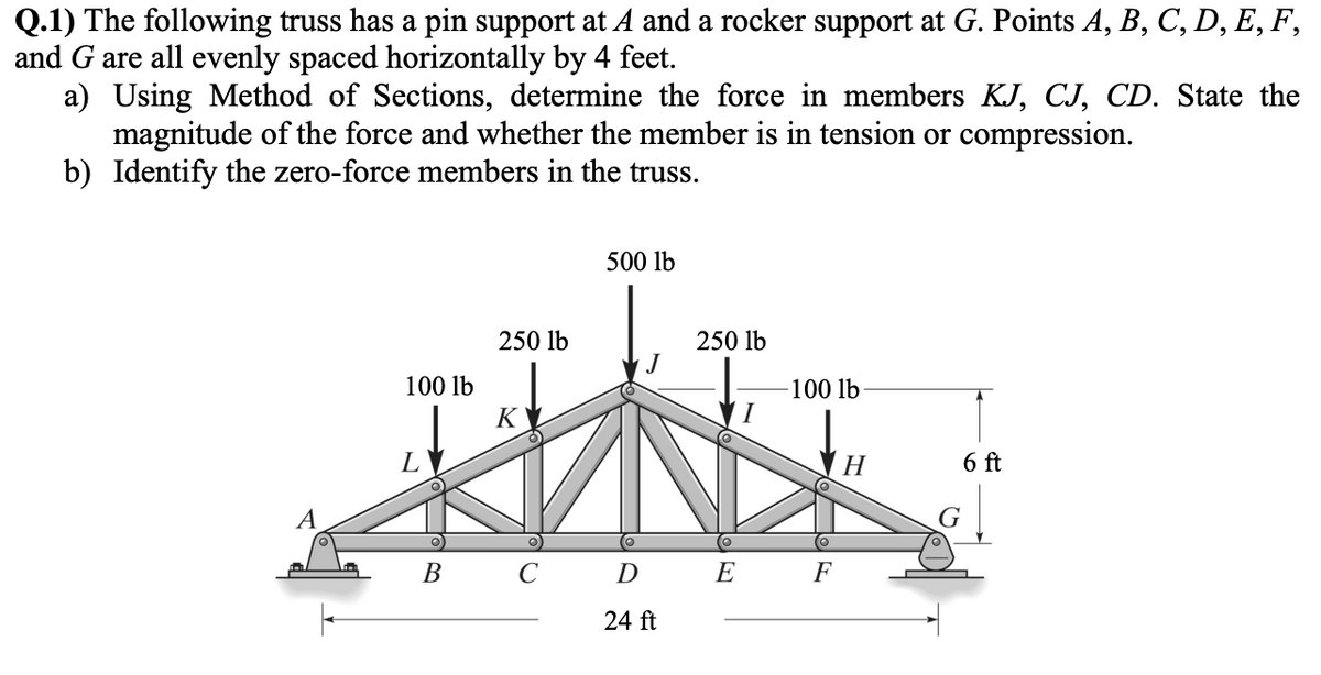 Q.1) The following truss has a pin support at A and a rocker support at G. Points A, B, C, D, E, F,
and G are all evenly spaced horizontally by 4 feet.
a) Using Method of Sections, determine the force in members KJ, CJ, CD. State the
magnitude of the force and whether the member is in tension or compression.
Identify the zero-force members in the truss.
b)
500 lb
250 lb
250 lb
100 lb
JUNI
K
D
24 ft
L
B
E
-100 lb
F
H
6 ft
