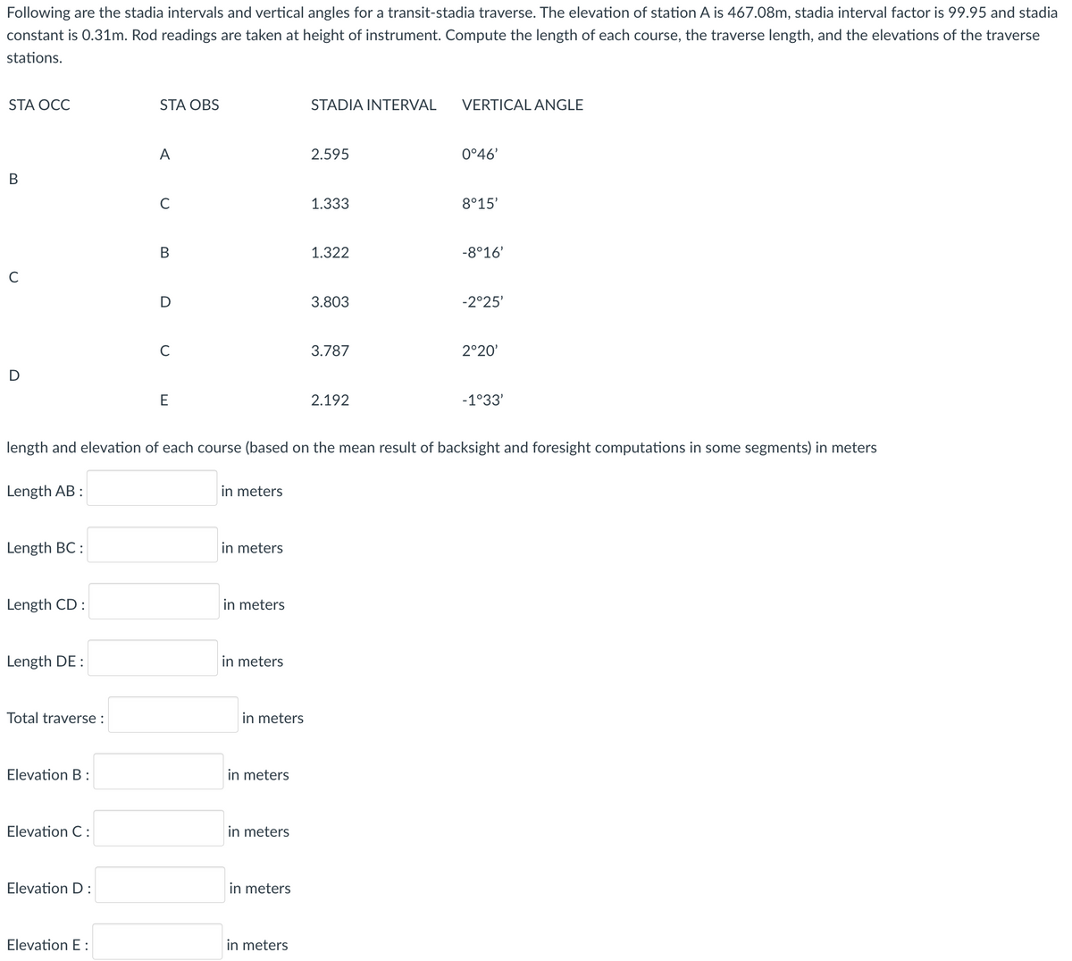 Following are the stadia intervals and vertical angles for a transit-stadia traverse. The elevation of station A is 467.08m, stadia interval factor is 99.95 and stadia
constant is 0.31m. Rod readings are taken at height of instrument. Compute the length of each course, the traverse length, and the elevations of the traverse
stations.
STA OCC
STA OBS
STADIA INTERVAL
VERTICAL ANGLE
A
2.595
0°46'
B
с
1.333
8°15'
B
1.322
-8°16'
C
D
3.803
-2°25'
с
3.787
2°20'
E
2.192
-1°33'
length and elevation of each course (based on the mean result of backsight and foresight computations in some segments) in meters
Length AB :
in meters
Length BC:
in meters
Length CD:
in meters
Length DE:
in meters
Total traverse :
Elevation B:
Elevation C:
Elevation D:
Elevation E:
in meters
in meters
in meters
in meters
in meters