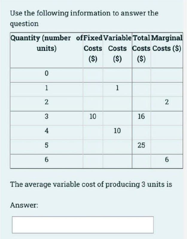 Use the following information to answer the
question
Quantity (number ofFixed Variable Total Marginal
Costs Costs Costs Costs ($)
($) ($)
units)
($)
1
10
16
4
10
25
6
6.
The average variable cost of producing 3 units is
Answer:
2)
1.
2.
3.
