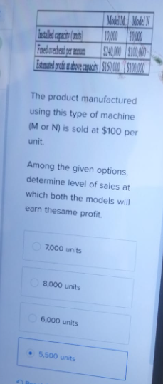 Model M Model N
Installed capacity (t
Fred overhead per a
Estimated profit ut above capacit $160,000 $100.000
10,000 10:000
$240.000 $100.000
The product manufactured
using this type of machine
(M or N) is sold at $100 per
unit.
Among the given options,
determine level of sales at
which both the models will
earn thesame profit.
OB
7,000 units
8,000 units
6,000 units
5,500 units