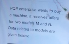 PQR enterprise wants to buy
a machine. It receives offers
for two models M and N.
Data related to models are
given below: