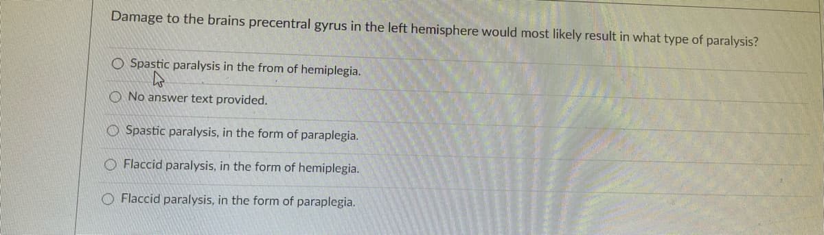 Damage to the brains precentral gyrus in the left hemisphere would most likely result in what type of paralysis?
O Spastic paralysis in the from of hemiplegia.
O No answer text provided.
O Spastic paralysis, in the form of paraplegia.
O Flaccid paralysis, in the form of hemiplegia.
O Flaccid paralysis, in the form of paraplegia.
