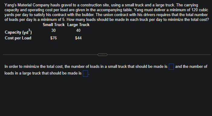 Yang's Material Company hauls gravel to a construction site, using a small truck and a large truck. The carrying
capacity and operating cost per load are given in the accompanying table. Yang must deliver a minimum of 120 cubic
yards per day to satisfy his contract with the builder. The union contract with his drivers requires that the total number
of loads per day is a minimum of 5. How many loads should be made in each truck per day to minimize the total cost?
Small Truck Large Truck
40
$44
Capacity (yd³)
Cost per Load
30
$76
In order to minimize the total cost, the number of loads in a small truck that should be made is
loads in a large truck that should be made is
and the number of