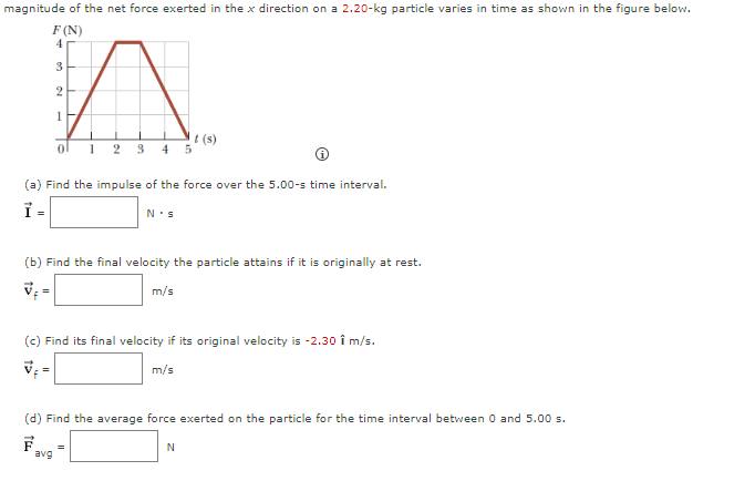 magnitude of the net force exerted in the direction on a 2.20-kg particle varies in time as shown in the figure below.
F (N)
4
3
n
2
1
1
2 3 4 5
(a) Find the impulse of the force over the 5.00-s time interval.
I =
(b) Find the final velocity the particle attains if it is originally at rest.
=
N's
(c) Find its final velocity if its original velocity is -2.30 î m/s.
V₁
m/s
avg
t(s)
m/s
=
(d) Find the average force exerted on the particle for the time interval between 0 and 5.00 s.
F
N