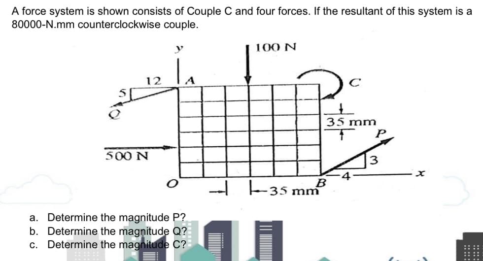A force system is shown consists of Couple C and four forces. If the resultant of this system is a
80000-N.mm counterclockwise couple.
y
100 N
12
A
C
35 mm
P
500 N
4
B
E35 mm
a. Determine the magnitude P?
b. Determine the magnitude Q?
c. Determine the magnitude C?
::::
::::

