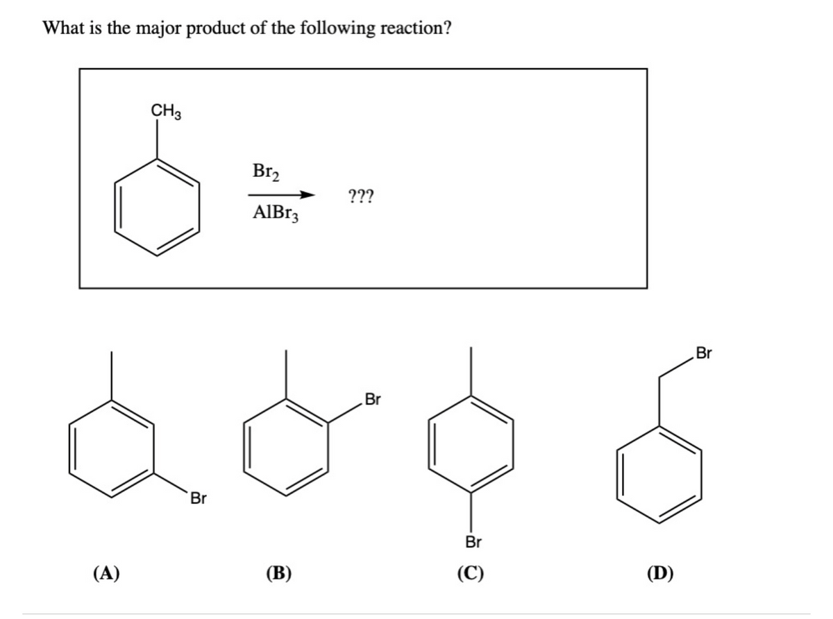 What is the major product of the following reaction?
(A)
CH3
Br
Br₂
AlBr3
(B)
???
Br
Br
(C)
(D)
Br
