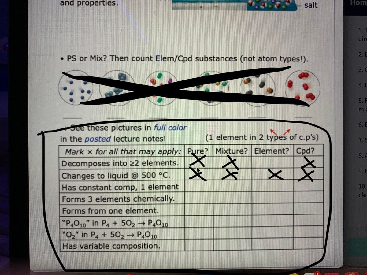 and properties.
salt
Hom
1. T
dire
2. E
• PS or Mix? Then count Elem/Cpd substances (not atom types!).
4. H
5. F
mix
6. E
See these pictures in full color
in the posted lecture notes!
(1 element in 2 typeś of c.p's)
7. 9
Mark x for all that may apply: Pure? Mixture? Element? Cpd?
8. A
交交|x交
Decomposes into 22 elements.
9. E
Changes to liquid @ 500 °C.
Has constant comp, 1 element
Forms 3 elements chemically.
10.
cle.
Forms from one element.
"P,010" in P4 + 50, → P,0,0
"O2" in P + 502 → P2010
Has variable composition.
%3D
DEC
