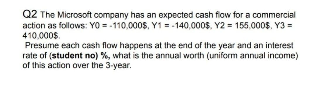 Q2 The Microsoft company has an expected cash flow for a commercial
action as follows: YO = -110,000$, Y1 = -140,000$, Y2 = 155,000$, Y3 =
410,000$.
Presume each cash flow happens at the end of the year and an interest
rate of (student no) %, what is the annual worth (uniform annual income)
of this action over the 3-year.
