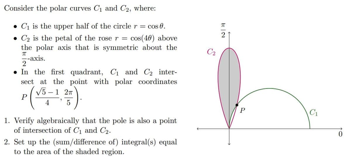 Consider the polar curves C₁ and C2, where:
C₁ is the upper half of the circle r = Cos 0.
C2 is the petal of the rose r = = cos(40) above
the polar axis that is symmetric about the
-axis.
ㅠ
2
In the first quadrant, C₁ and C₂ inter-
sect at the point with polar coordinates
√5 1 2π
P
4
5
1. Verify algebraically that the pole is also a point
of intersection of C₁ and C₂.
2. Set up the (sum/difference of) integral(s) equal
to the area of the shaded region.
S
C₂
2
P
C₁
0