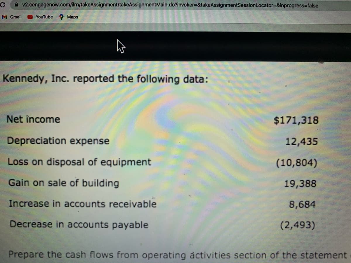 A v2.cengagenow.com/ilrm/takeAssignment/takeAssignmentMain.do?invoker=&takeAssignmentSessionLocator=&inprogress=false
M Gmail
YouTube
O Maps
Kennedy, Inc. reported the following data:
Net income
$171,318
Depreciation expense
12,435
Loss on disposal of equipment
(10,804)
Gain on sale of building
19,388
Increase in accounts receivable
8,684
Decrease in accounts payable
(2,493)
Prepare the cash flows from operating áctivities section of the statement
