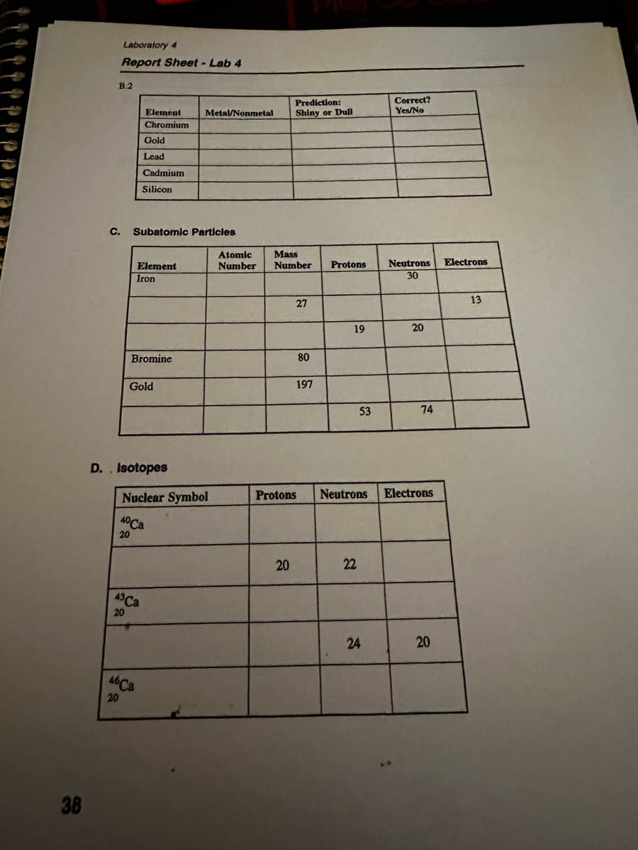 38
Laboratory 4
Report Sheet - Lab 4
B.2
Element
Chromium
Gold
Lead
Cadmium
Silicon
C. Subatomic Particles
Element
Iron
Bromine
Gold
43 Ca
20
46 Ca
20
D. Isotopes
Metal/Nonmetal
Nuclear Symbol
40 Ca
20
Prediction:
Shiny or Dull
Atomic
Mass
Number Number
20
27
80
197
Protons
Protons
19
53
22
Correct?
Yes/No
24
Neutrons
30
20
Neutrons Electrons
74
20
Electrons
13