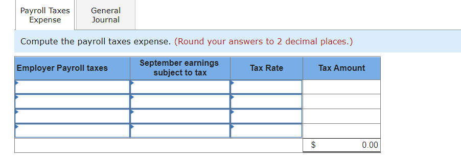 Payroll Taxes
Expense
General
Journal
Compute the payroll taxes expense. (Round your answers to 2 decimal places.)
September earnings
subject to tax
Employer Payroll taxes
Tax Rate
Tax Amount
$
0.00
%24
