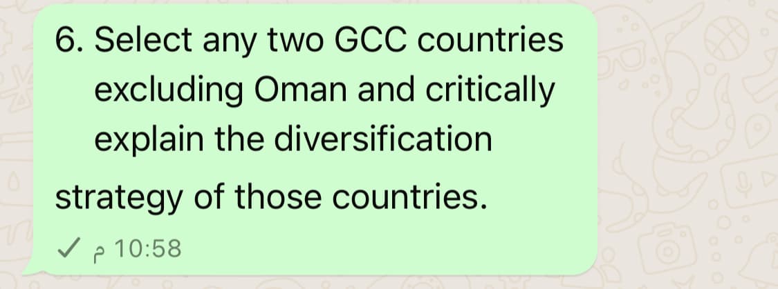 6. Select any two GCC countries
excluding Oman and critically
explain the diversification
strategy of those countries.
10:58 م