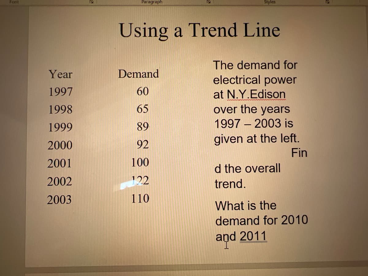 Font
Paragraph
Styles
Using a Trend Line
The demand for
Year
Demand
electrical power
at N.Y.Edison
over the years
1997
60
1998
65
1999
89
1997 – 2003 is
given at the left.
Fin
2000
92
2001
100
d the overall
2002
122
trend.
2003
110
What is the
demand for 2010
and 2011

