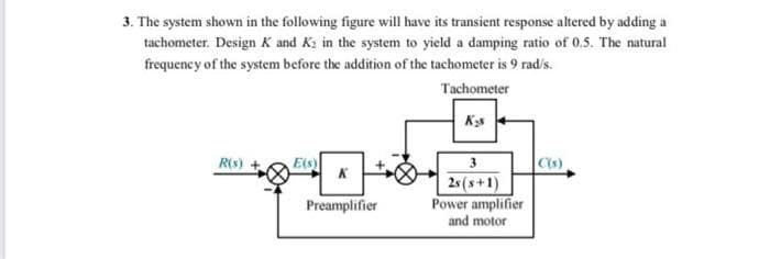 3. The system shown in the following figure will have its transient response altered by adding a
tachometer. Design K and K₂ in the system to yield a damping ratio of 0.5. The natural
frequency of the system before the addition of the tachometer is 9 rad/s.
Tachometer
Kas
R(s)
E(s)
Preamplifier
3
2s(s+1)
Power amplifier
and motor
C(s)