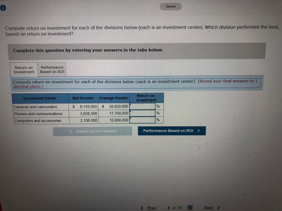 Saved
Compute return on investment for each of the divisions below (each is an investment center). Which division performed the best,
based on return on investment?
Complete this question by entering your answers in the tabs below.
Performance
Based on ROI
Return on
Investment
Compute return on investment for each of the divisions below (each is an investment center). (Round your final answers to 1
decimal place.)
Average Assets
Return on
Investment
Investment Center
Net Income
Cameras and camcorders
2$
6,118,000 $ 26,600,000
Phones and communications
3,628,500
17,700,000
%
Computers and accessories
2,106,000
10,800,000
K Returm on Investment
Performance Based on ROI >
< Prev
4 of 14
Next >
