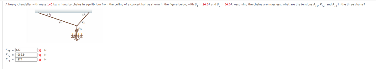 A heavy chandelier with mass 140 kg is hung by chains in equilibrium from the ceiling of a concert hall as shown in the figure below, with 0, = 24.0° and 0, = 54.0°. Assuming the chains are massless, what are the tensions F, Fr2, and F in the three chains?
Fn
F1 = 637
Fr2 = 1082.9
FT3 = 1274
X N
X N
X N
