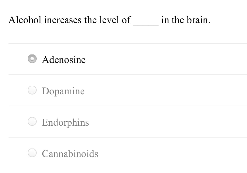 Alcohol increases the level of
in the brain.
Adenosine
O Dopamine
Endorphins
O Cannabinoids
