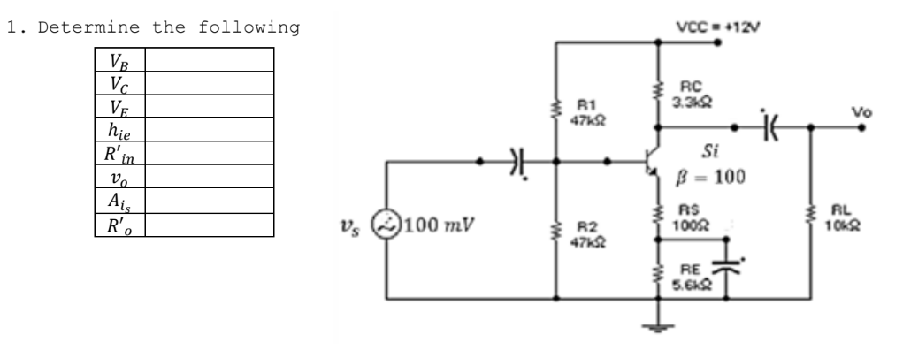 1. Determine the following
VB
Vc
VE
hie
R' in
Vo
Ais
R'o
100 mV
카
R1
47k
R2
47K2
VCC= +12V
RC
3.3k
Si
B-100
R$
1000
RE
5.6k
it
Vo
RL
10k